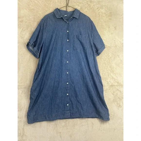 Old Navy Womens XXL Blue Denim Shirt Dress Short Sleeve Button Front Cotton - Picture 2 of 7
